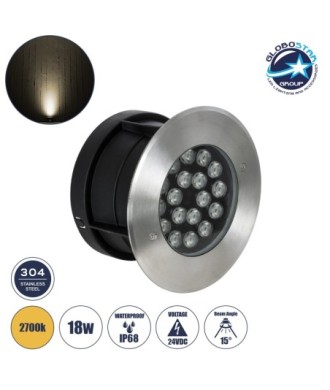 GloboStar® UNDERGROUND-SINA 90571 Χωνευτό Φωτιστικό Σποτ Δαπέδου LED 18W 1620lm 15° DC 24V Αδιάβροχο IP68 Φ20 x Υ11cm Θερμό Λευκό 2700K - Ανοξείδωτο Ατσάλι - 3 Χρόνια Εγγύηση